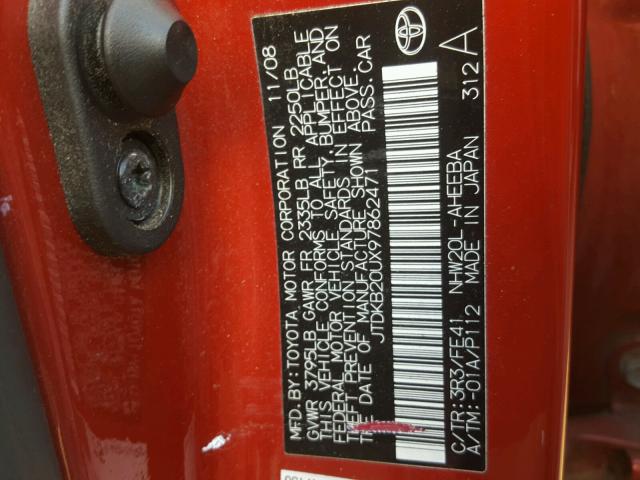 JTDKB20UX97862471 - 2009 TOYOTA PRIUS RED photo 10