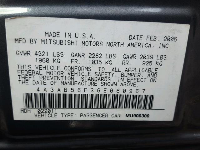 4A3AB56F36E060967 - 2006 MITSUBISHI GALANT ES GRAY photo 10