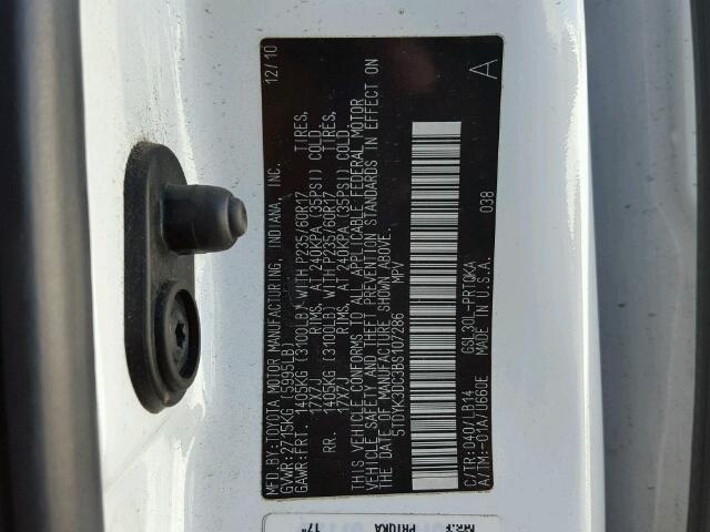 5TDYK3DC3BS107286 - 2011 TOYOTA SIENNA WHITE photo 10