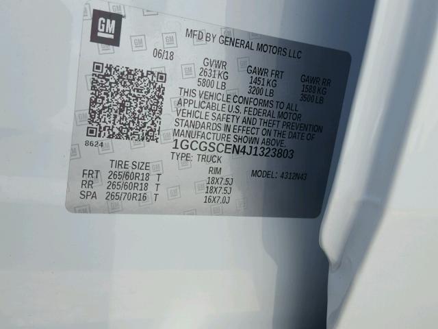 1GCGSCEN4J1323803 - 2018 CHEVROLET COLORADO L WHITE photo 10