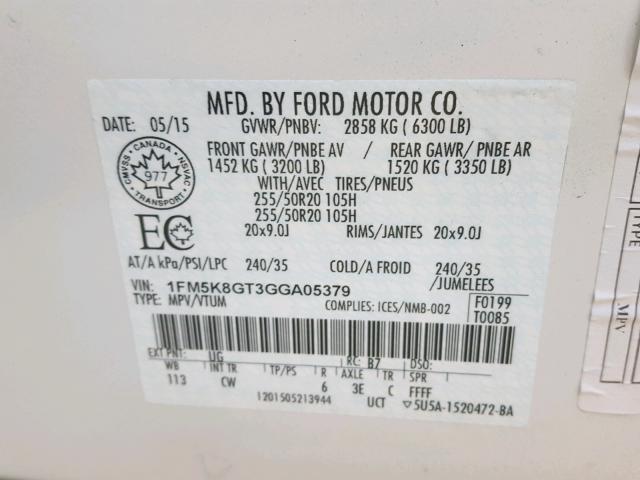 1FM5K8GT3GGA05379 - 2016 FORD EXPLORER S WHITE photo 10