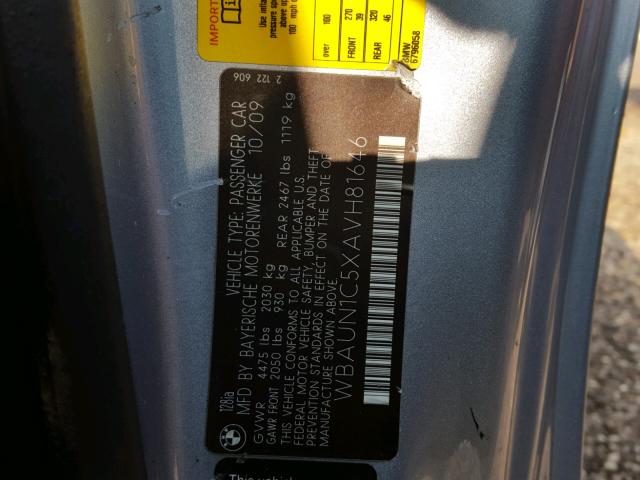 WBAUN1C5XAVH81646 - 2010 BMW 128 I BLUE photo 10