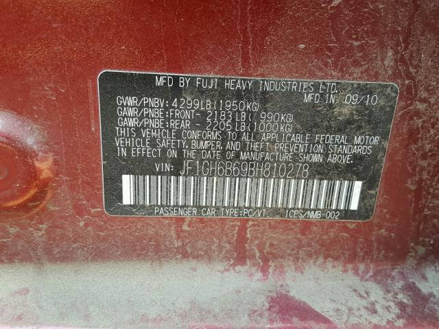 JF1GH6B69BH810278 - 2011 SUBARU IMPREZA 2. RED photo 10