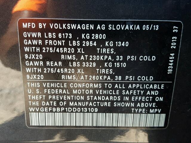 WVGEF9BP1DD013109 - 2013 VOLKSWAGEN TOUAREG V6 GRAY photo 10