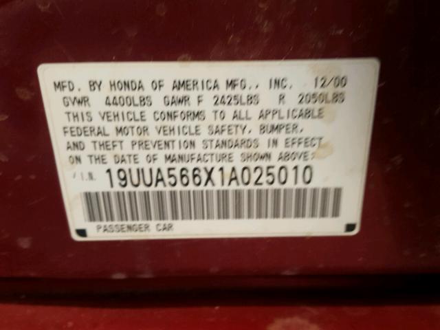 19UUA566X1A025010 - 2001 ACURA 3.2TL RED photo 10