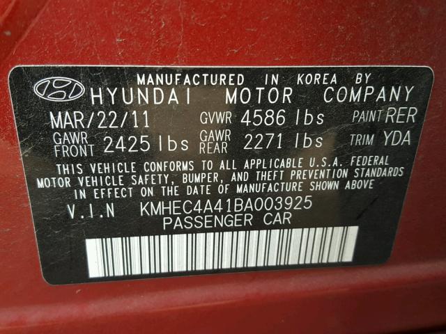 KMHEC4A41BA003925 - 2011 HYUNDAI SONATA HYB RED photo 10