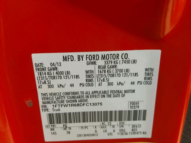 1FTFW1R68DFC13075 - 2013 FORD F150 SVT R RED photo 10