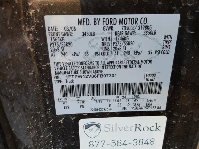 1FTPW12V86FB07301 - 2006 FORD F150 SUPER BROWN photo 10