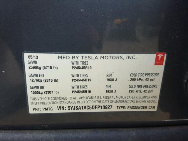5YJSA1AC5DFP10927 - 2013 TESLA MODEL S GRAY photo 10
