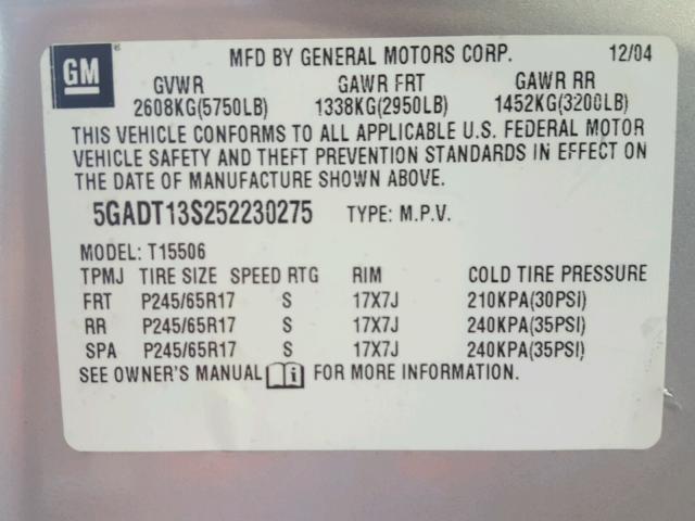 5GADT13S252230275 - 2005 BUICK RAINIER CX SILVER photo 10