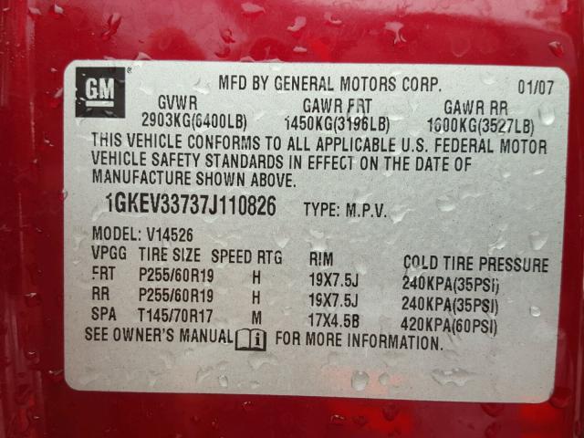 1GKEV33737J110826 - 2007 GMC ACADIA SLT მუქწითელი ფოტო 10