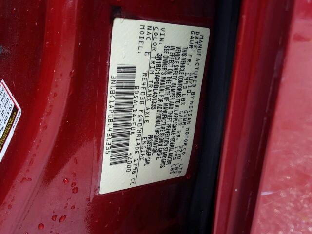 3N1BC1AP0BL431335 - 2011 NISSAN VERSA RED photo 10