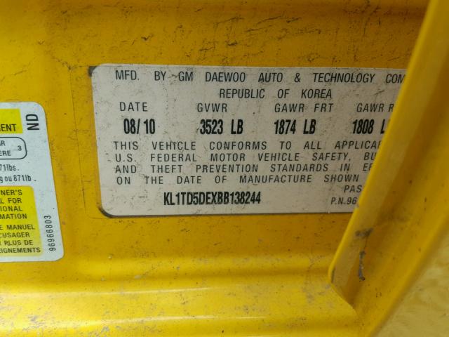 KL1TD5DEXBB138244 - 2011 CHEVROLET AVEO LS YELLOW photo 10