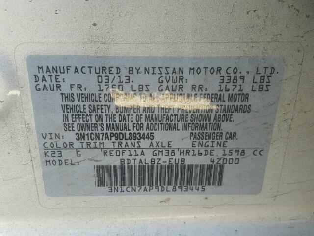 3N1CN7AP9DL893445 - 2013 NISSAN VERSA S 银色 照片 10