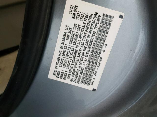 5FNRL38938B017245 - 2008 HONDA ODYSSEY TO GRAY photo 10