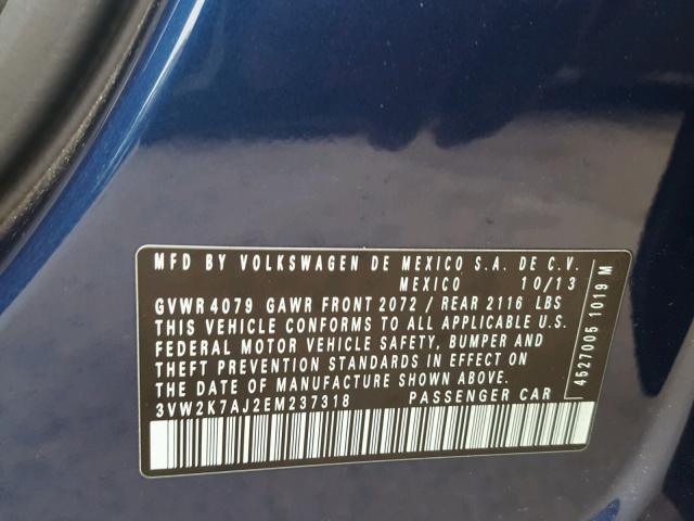 3VW2K7AJ2EM237318 - 2014 VOLKSWAGEN JETTA BASE 蓝色 照片 10
