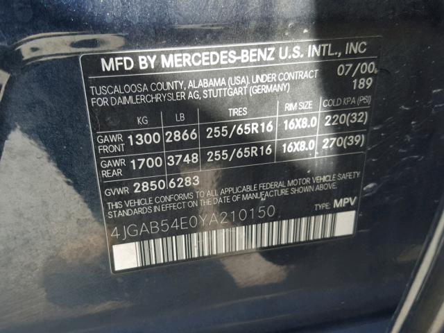 4JGAB54E0YA210150 - 2000 MERCEDES-BENZ ML 320 BLACK photo 10