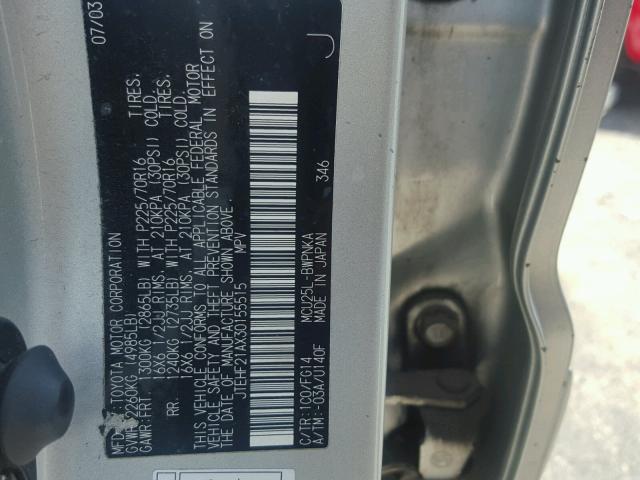 JTEHF21AX30155515 - 2003 TOYOTA HIGHLANDER SILVER photo 10