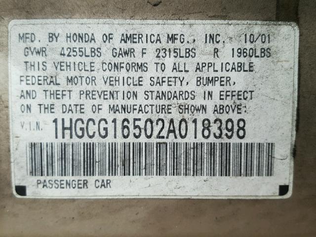 1HGCG16502A018398 - 2002 HONDA ACCORD GOLD photo 10