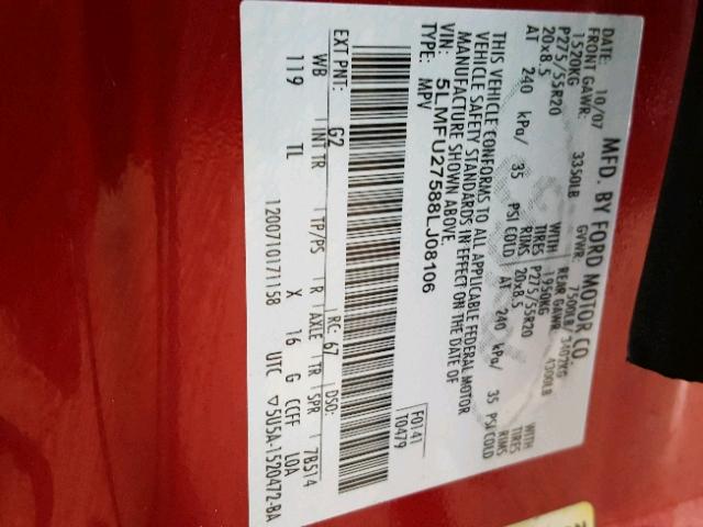 5LMFU27588LJ08106 - 2008 LINCOLN NAVIGATOR 红色 照片 10