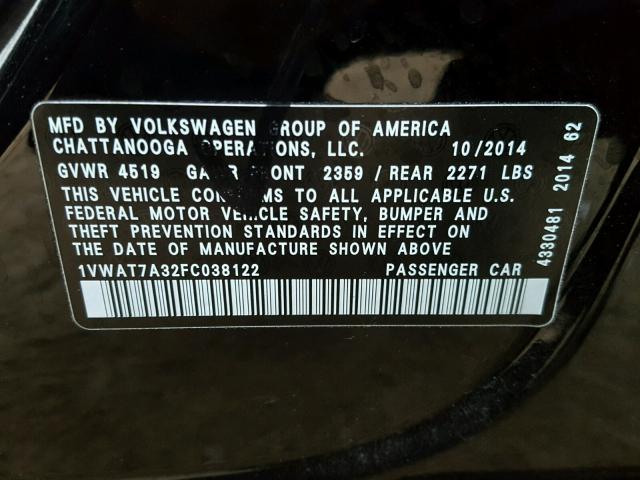 1VWAT7A32FC038122 - 2015 VOLKSWAGEN PASSAT S შავი ფოტო 10