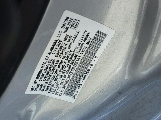 5FNRL387X6B436141 - 2006 HONDA ODYSSEY EX GRAY photo 10