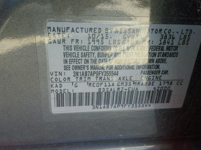 3N1AB7AP9FY355544 - 2015 NISSAN SENTRA S GRAY photo 10