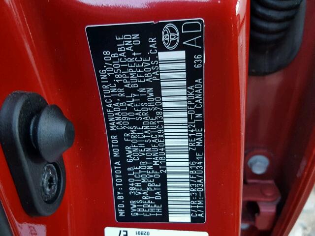 2T1BU40EX9C138700 - 2009 TOYOTA COROLLA BA RED photo 10