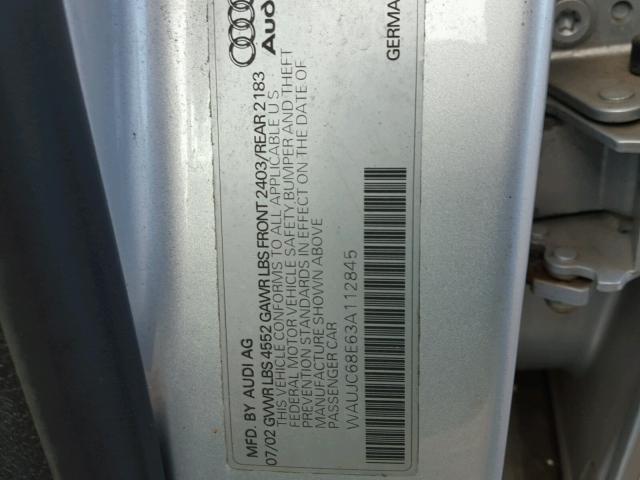 WAUJC68E63A112845 - 2003 AUDI A4 1.8T SILVER photo 10