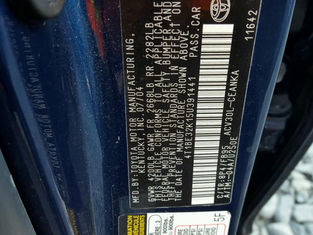 4T1BE32K15U391441 - 2005 TOYOTA CAMRY BLUE photo 10