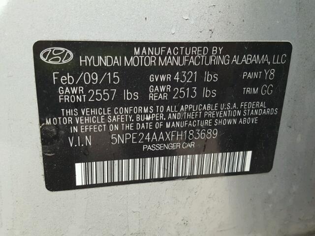 5NPE24AAXFH183689 - 2015 HYUNDAI SONATA ECO SILVER photo 10