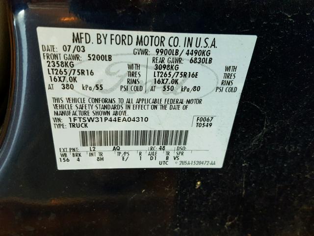 1FTSW31P44EA04310 - 2004 FORD F350 SRW S BLUE photo 10