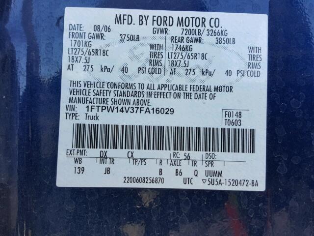 1FTPW14V37FA16029 - 2007 FORD F150 BLUE photo 10