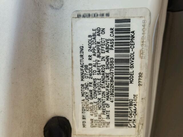 4T1BG22K8WU379583 - 1998 TOYOTA CAMRY CE WHITE photo 10