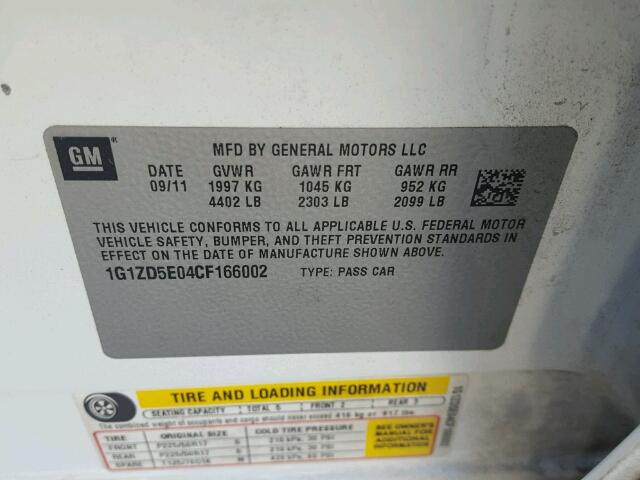 1G1ZD5E04CF166002 - 2012 CHEVROLET MALIBU 2LT WHITE photo 10