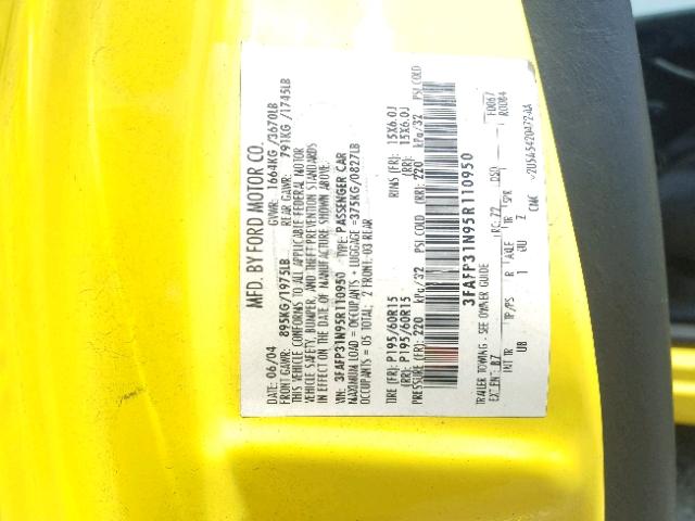 3FAFP31N95R110950 - 2005 FORD FOCUS ZX3 YELLOW photo 10