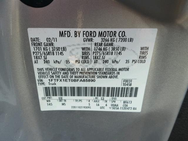 1FTFX1ET0BFA85890 - 2011 FORD F150 SILVER photo 10