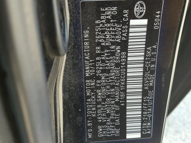 4T1BF1FK6CU014998 - 2012 TOYOTA CAMRY BASE BLACK photo 10