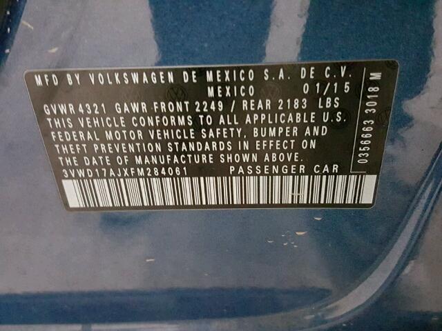 3VWD17AJXFM284061 - 2015 VOLKSWAGEN JETTA SE Mavi foto 10