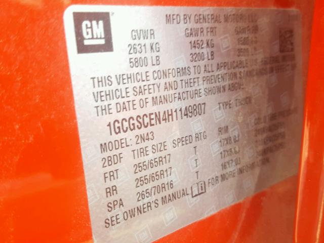 1GCGSCEN4H1149807 - 2017 CHEVROLET COLORADO L RED photo 10