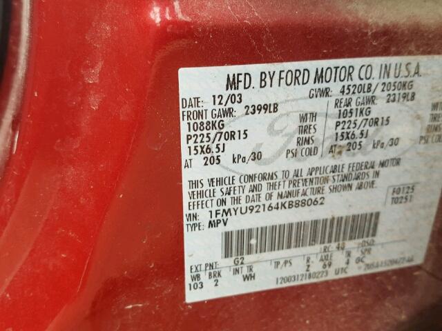 1FMYU92164KB88062 - 2004 FORD ESCAPE RED photo 10