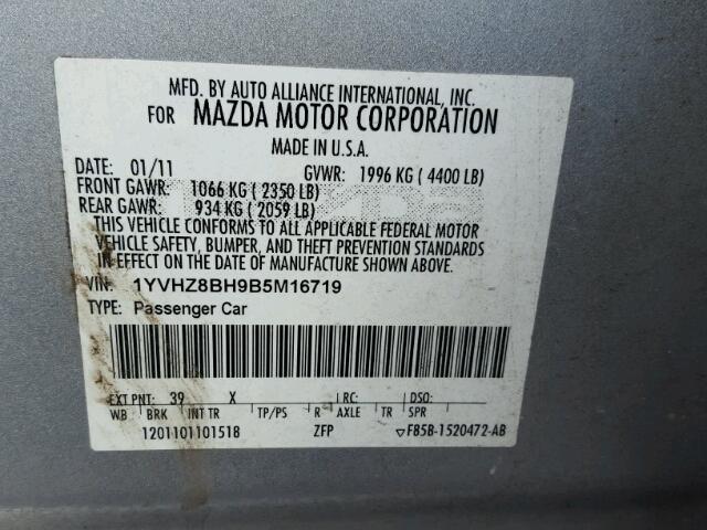 1YVHZ8BH9B5M16719 - 2011 MAZDA 6 I SILVER photo 10