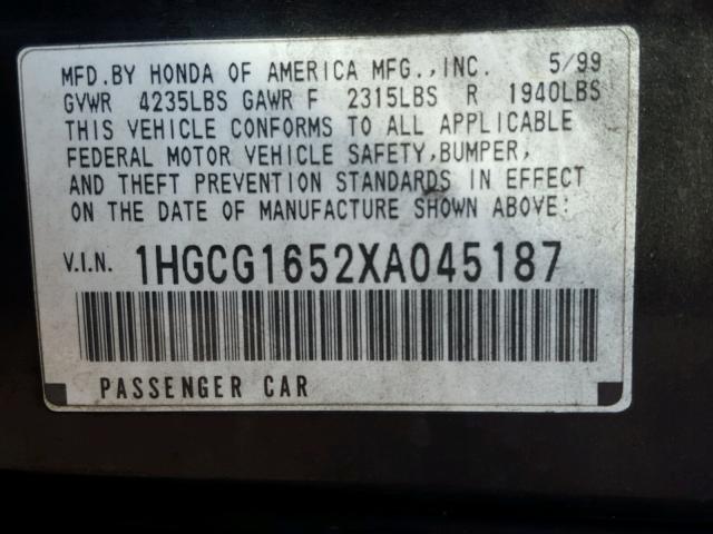 1HGCG1652XA045187 - 1999 HONDA ACCORD BLACK photo 10