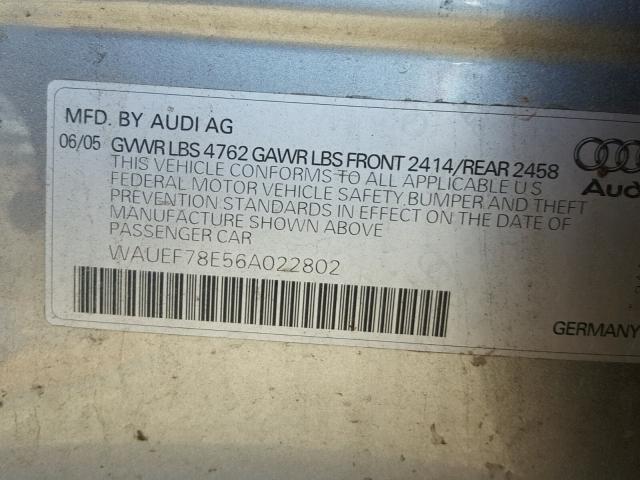 WAUEF78E56A022802 - 2006 AUDI A4 S-LINE SILVER photo 10