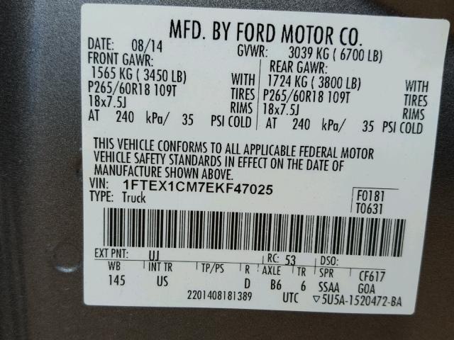 1FTEX1CM7EKF47025 - 2014 FORD F150 SILVER photo 10