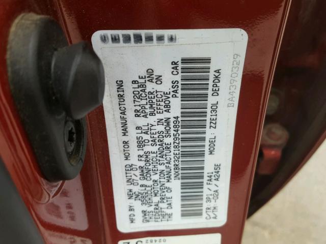 1NXBR32E18Z954894 - 2008 TOYOTA COROLLA RED photo 10