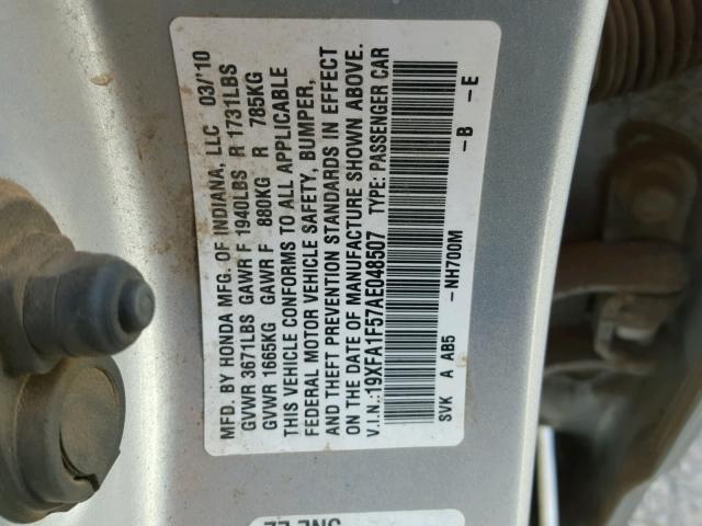 19XFA1F57AE048507 - 2010 HONDA CIVIC SILVER photo 10