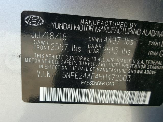 5NPE24AF4HH472503 - 2017 HYUNDAI SONATA SE SILVER photo 10