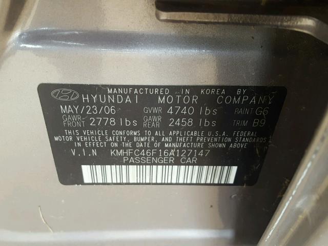 KMHFC46F16A127147 - 2006 HYUNDAI AZERA SE GRAY photo 10