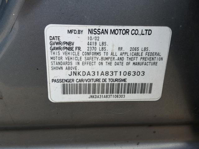 JNKDA31A83T106303 - 2003 INFINITI I35 GRAY photo 10